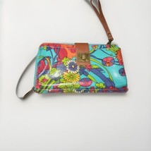 New Sakroots Wristlet Wallet Turquoise Blue Floral Brown Leather Trim - $28.70