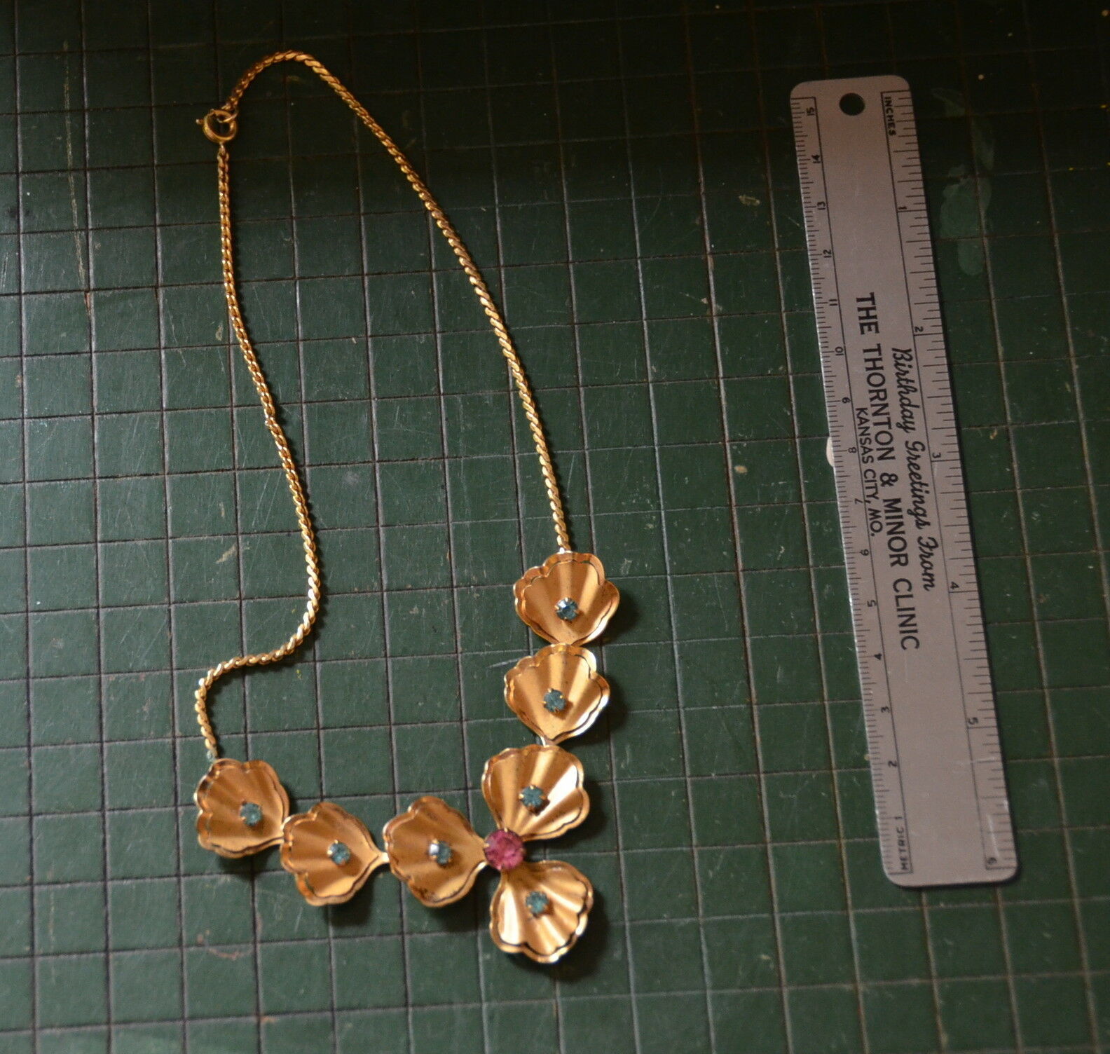 Primary image for vintage gold flower blue rhinestone necklace floral chain