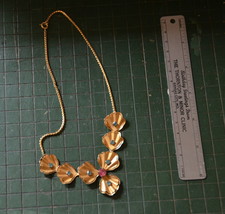 vintage gold flower blue rhinestone necklace floral chain - $19.79
