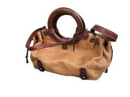 Vintage Fossil Woven Raffia Straw Wood Handles Satchel Handbag Tan Brown - $32.42