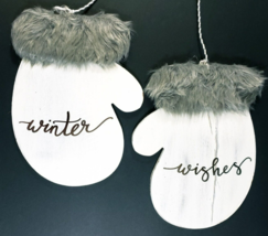 Winter Wishes Wood Plaques Ornament With Fur Trim Set of Two Mittens is ... - £10.31 GBP