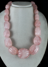 Natural Rose Quartz Melon Carved Long Beads 2083 Carats Gemstone Silver Necklace - £436.56 GBP