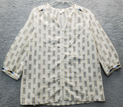 Pure Jill Blouse Womens Medium Multi Geometric Long Sleeve V Neck Button Front - £15.18 GBP