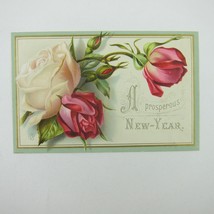 Victorian Greeting Card New Years Roses Flowers Red Pink White Green Ant... - £4.79 GBP