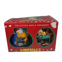 Vintage Garfield Collectible Christmas Mug &amp; Ornament Set Laying On Chalk Board  - $9.72