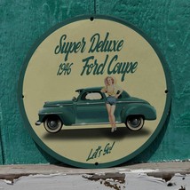 Vintage 1946 Super Deluxe Ford Coupe Automobile Porcelain Gas &amp; Oil Pump Sign - £118.26 GBP