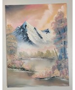 Mountain Lake In Autumn Landscape Original Oil Painting Sunset Trees 24&quot;... - £117.04 GBP