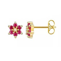 1.60CT Simulated Ruby &amp; Diamond Flower Stud Earrings 14K Yellow Gold Plated - £65.59 GBP