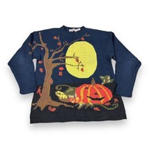 Vtg Lauren Hansen Halloween Autumn Night  Pumpkin Tree Moon Knit Sweater Sz L - £31.26 GBP