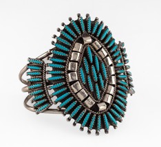 Zuni Turquoise Needlepoint Cuff Bracelet Signed L H in Sterling 70 mm Wide - £1,186.25 GBP