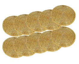 Golden Beaded Handmade Tea Coasters Set of 10 Pieces Diameter 4.00 Inch - £22.74 GBP