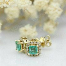 14K White Gold Finish 2Ct Princess Cut Green Emerald Halo Diamond Stud Earrings - £67.02 GBP