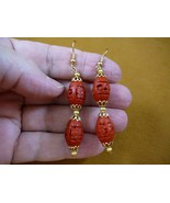 EE400-26 Red CINNABAR bead flower wooden 18x9mm beaded dangle hook earri... - $16.99