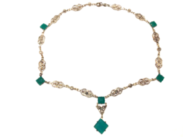 Art Deco Filigree Green Stone Necklace ART DECO 18 1/2” - £84.05 GBP