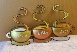 3 Metal Coffee Cup Wall Sculptures Plaques Java Latte Mocha - $14.85