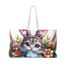 Personalised/Non-Personalised Weekender Bag, Easter, Cute Cat with Bunny Ears, L - £39.09 GBP