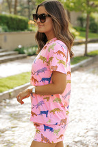 Pink Flower Print Short Sleeve High Waist Two Piece Shorts Set - $284.95 MXN
