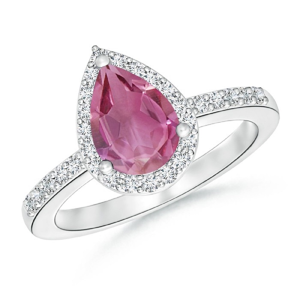 Pear Cut Pink Tourmaline & CZ Diamond 14K White Gold Fn Engagement Halo Ring - $41.19