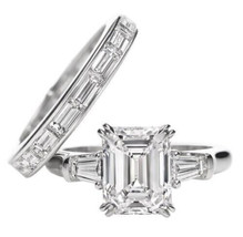 Engagement Ring Set 3.10Ct Emerald Cut Simulated Diamond 14K White Gold Size 8 - £243.68 GBP