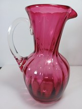Pilgrim Cranberry Glass Pitcher Decanter Vase 7&#39;&#39; Acid Etch Hand Blown Handle - £25.02 GBP