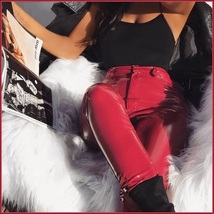 Bright Red Tight Fit Faux Leather High Waist Front Zip Up Legging Pencil Pants