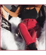 Bright Red Tight Fit Faux Leather High Waist Front Zip Up Legging Pencil... - £55.11 GBP
