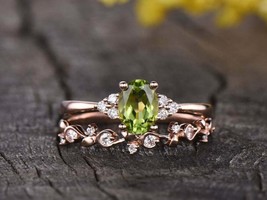 1CT Oval Cut Simulated Peridot &amp; Diamond Bridal Ring Set925 Silver Gold Plate - $109.30