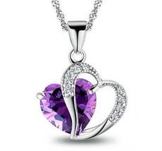 Women 925 Sterling Silver Necklace Chain Amethyst Crystal Heart Purple P... - $9.86
