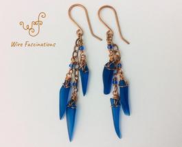 Handmade Earrings Blue Sea Glass Spike Chain Dangles - £28.52 GBP