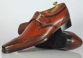 Handmade Pairs Brown Single Strap Wingtip Premium LEATHER Men Monk Forma... - $127.39