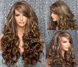 Beautiful Human hair Blend Brown Caramel And Blonde mix Long Full Wig wi... - £76.52 GBP