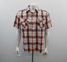 Elixir Men&#39;s Orange Blue Plaid Button Up Shirt Size Medium Short Sleeve - £9.50 GBP