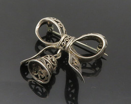 925 Sterling Silver - Vintage Bow Tied Swirl Ribbon &amp; Bell Brooch Pin - BP7477 - £32.33 GBP