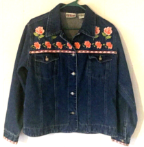 vintage 90&#39;s Bill Blass women M jean jacket embroidered pink flowers 100% cotton - £17.37 GBP
