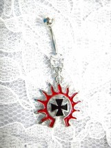 Black Maltese Iron Cross With Red Flaming Edges On 14g Clear Cz Belly Ring - £5.49 GBP