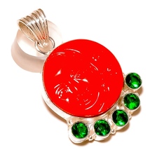 Carved Red Double Face with Diopside Gemstone 925Silver Overlay Handmade Pendant - £12.01 GBP