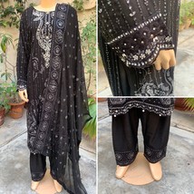 Pakistani Black Straight Style Embroidered Sequins 3pcs Chiffon Dress,Large - $118.80