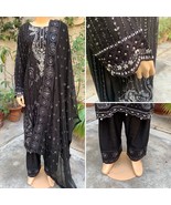 Pakistani Black Straight Style Embroidered Sequins 3pcs Chiffon Dress,Large - £93.48 GBP