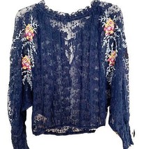 Free People Navy Jubilee Floral Lace Peasant Top Small - £44.81 GBP