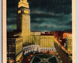 Night View Terminal Tower Cleveland Ohio OH Linen Postcard K5 - $7.12