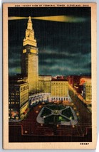 Night View Terminal Tower Cleveland Ohio OH Linen Postcard K5 - $7.12