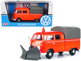 Volkswagen Type 2 T1 Pickup Truck Orange w Snow Plow Camper Shell 1/24 Diecast C - £33.11 GBP