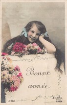 CUTE YOUNG GIRL~BLUE RIBBONS IN HAIR~BONNE ANNEE~ANGELE PHOTO 1905 POSTCARD - $4.44