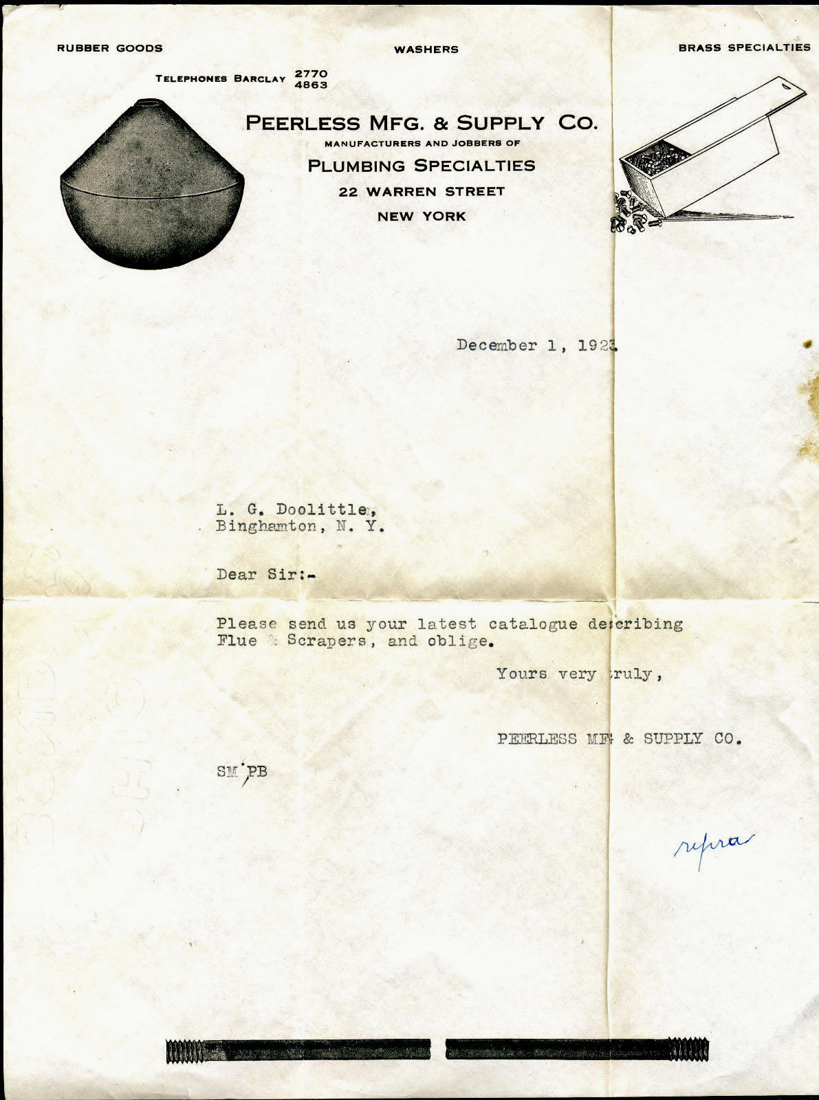 1923 PEERLESS MFG &amp; SUPPLY CO NY Antique Letterhead Correspondence Plumbing - $11.99