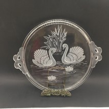 Mikasa Walther Crystal Cake Plate Or Serving Tray Swans Germany W/ Handles Vtg - £18.87 GBP
