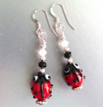 Sterling Silver &amp; LADYBUG Glass &amp; Crystal Dangle Vintage Pierced Earrings - $18.80