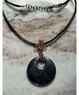 Black Round Resin Pendant with Wire Wrapped Bail on Leather Cord Necklace - $17.82 CAD