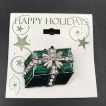 Silver Tone Green Enamel Wrapped Christmas Present w/ Rhinestones 1.5&quot; x 1&quot; - £5.39 GBP