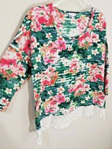 Rebecca Malone Pink Green Floral Knit Blouse Lace Trim Hem 3/4 Sleeves S... - £7.87 GBP