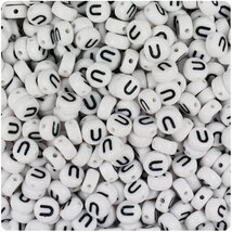 BeadTin White Opaque 7mm Coin Alphabet Beads - Black Letter U (100pcs) - $2.09